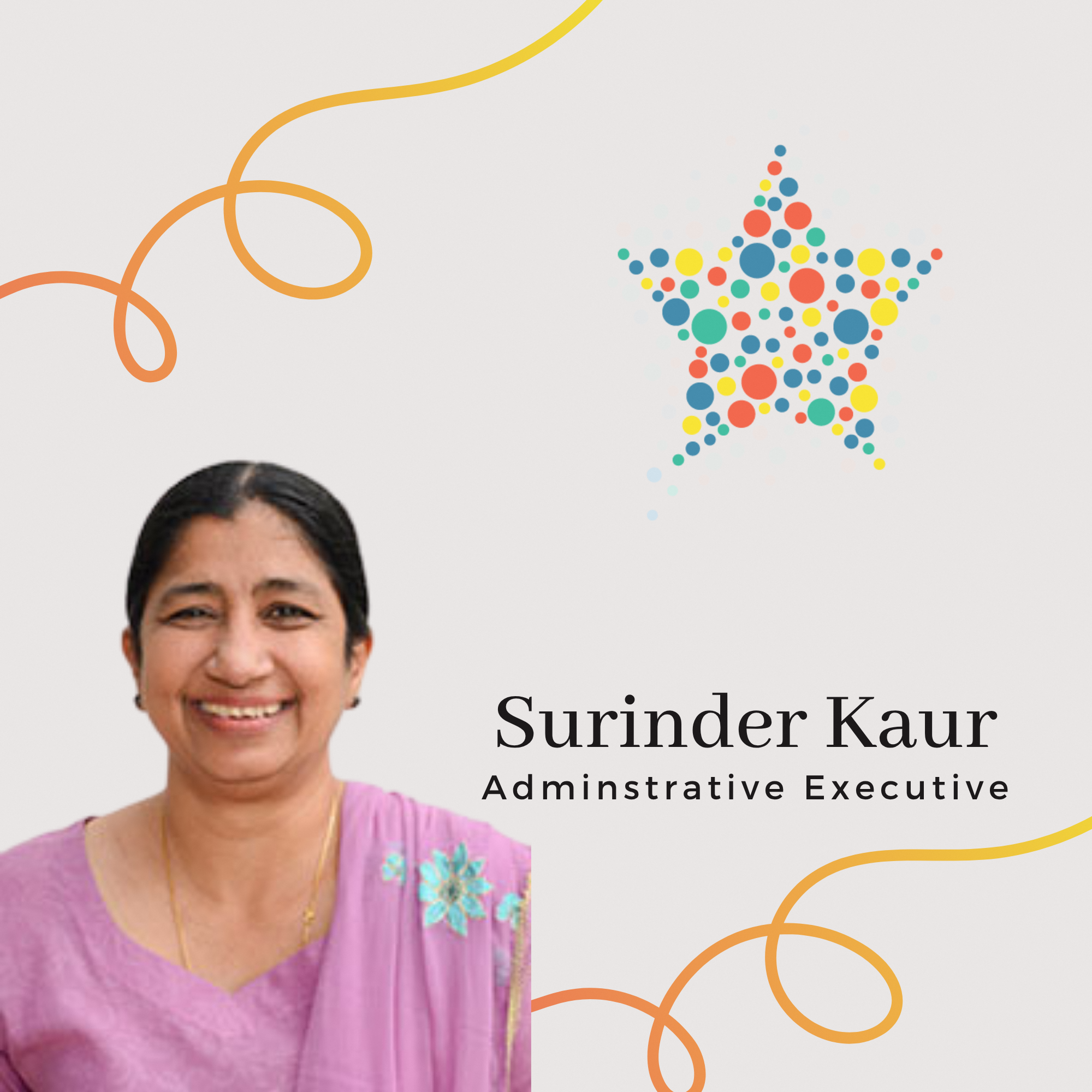 Profile photo of Surinder Kaur, Administrative Executive Academy Officer. A portrait of her with dark hair tied back, smiling warmly at the camera and wearing a purple ethnic top with floral details.